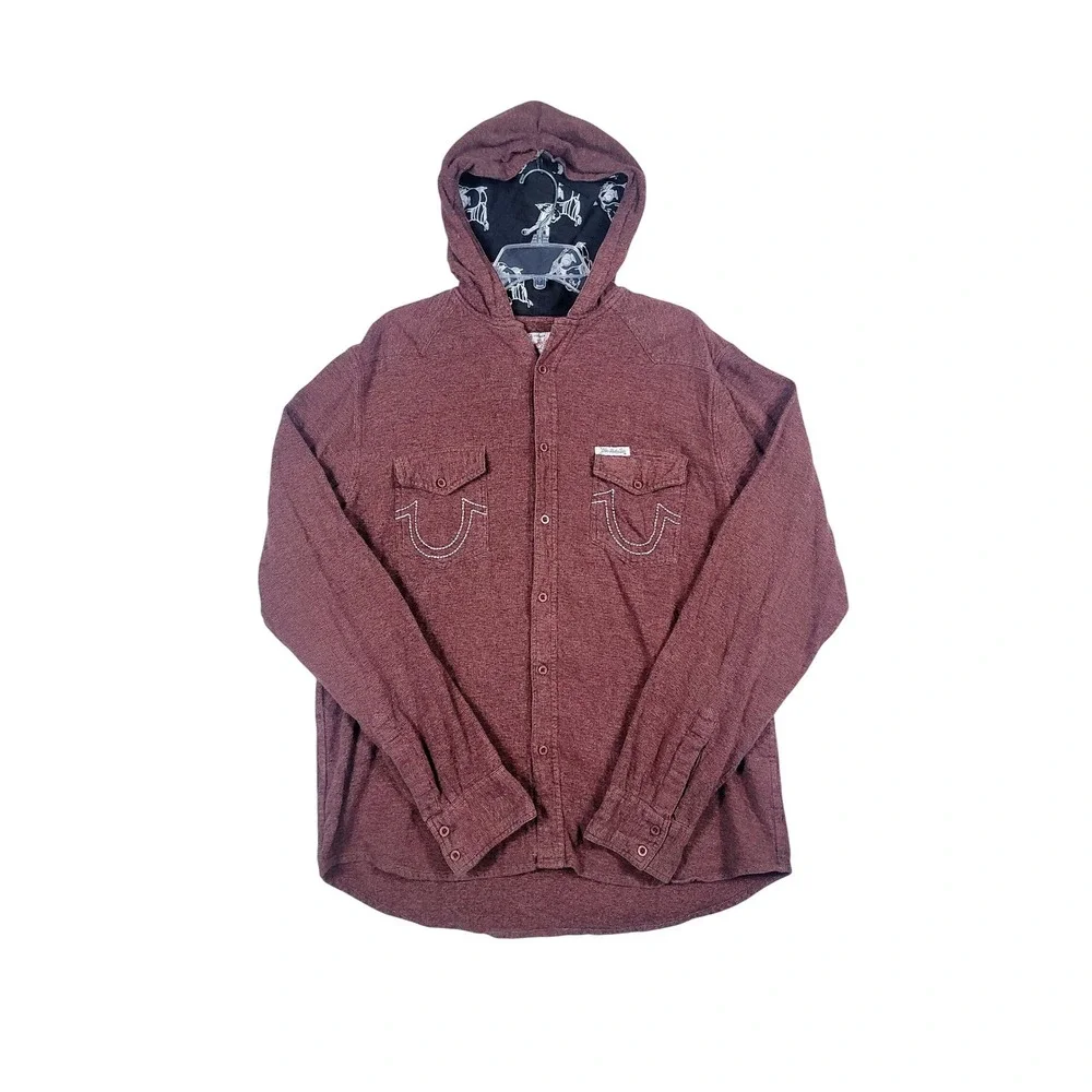 True Religion Hooded Shirt Mens XXL Burgundy Embroidered Logo Button Down Hoodie